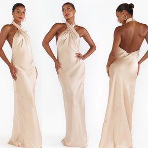 show me your mumu jasmine halter dress in champagne luxe